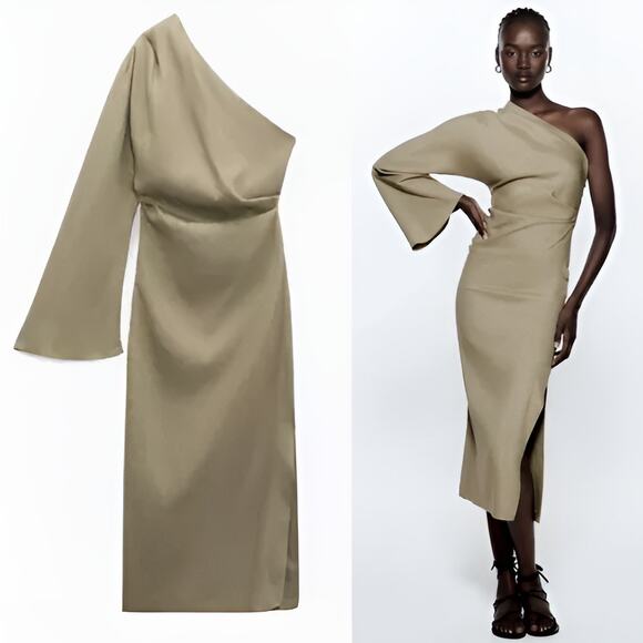 Zara Womens Beachy Blogger Favorite Linen Blend Asymmetric One Shoulder‎ Dress M - Picture 1 of 9